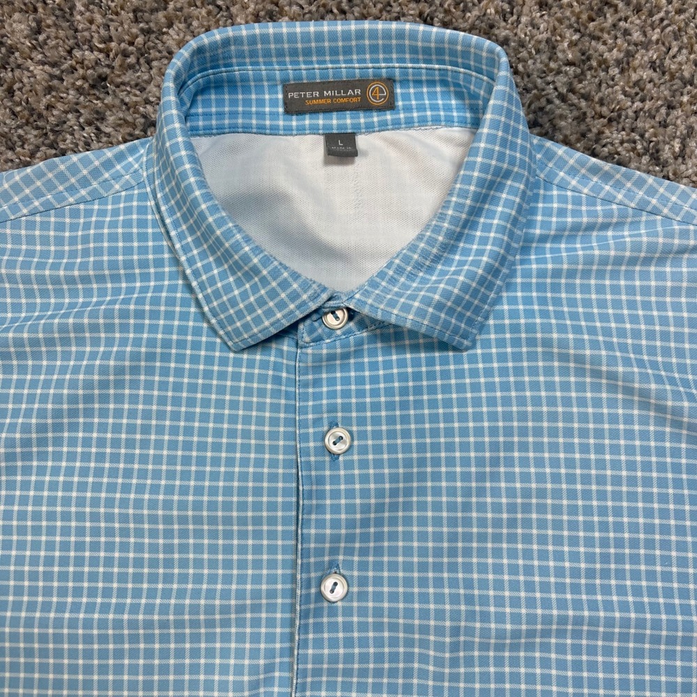 Peter Millar Men's Large Summer Comfort Polo Shirt Blue Check Performance Golf